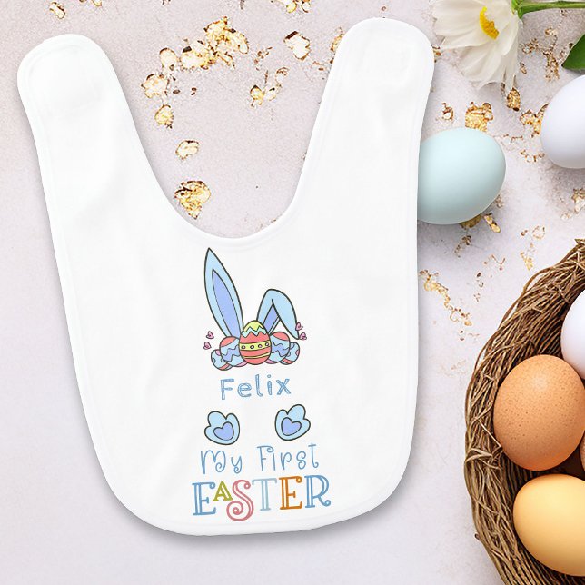 My First Easter Blue Bunny Ears and Eggs Boy Baby Bib (Personalized Bib for Baby's First Easter)