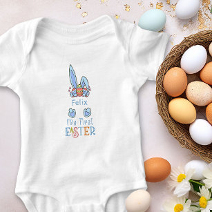 My First Easter Blue Bunny Ears and Eggs Boy Baby Bodysuit