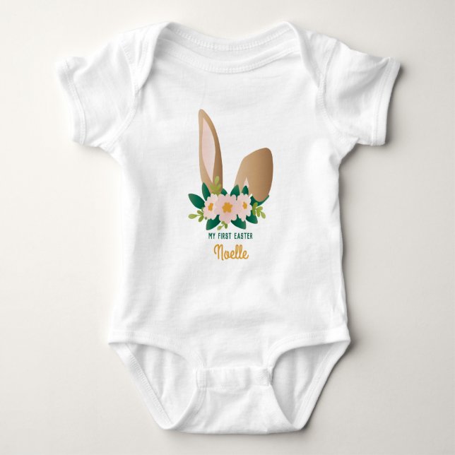 My First Easter! Brown Bunny Ears Floral Headpiece Baby Bodysuit (Front)