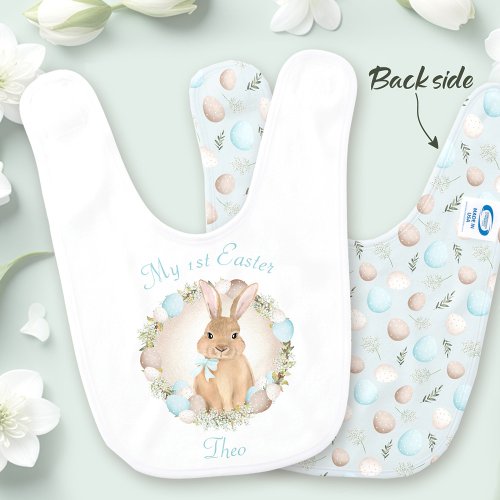 My First Easter Bunny Boy Personalized Name Blue Baby Bib