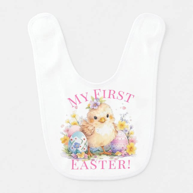 My First Easter Cute Baby Chick And Eggs Baby Bib (Front)