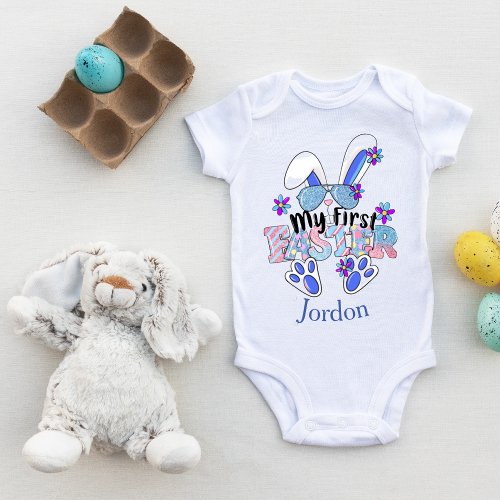 My First Easter Cute Blue Bunny Customizable Baby Bodysuit