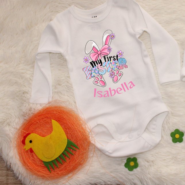 My First Easter Cute Pink Bunny Customizable  Baby Bodysuit (Creator Uploaded)