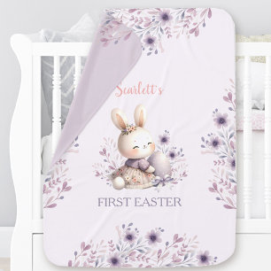 My First Easter Name Bunny Purple Floral Spring Baby Blanket