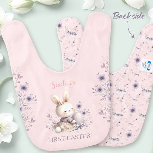 My First Easter Name Purple Pink Floral Bunny Baby Bib
