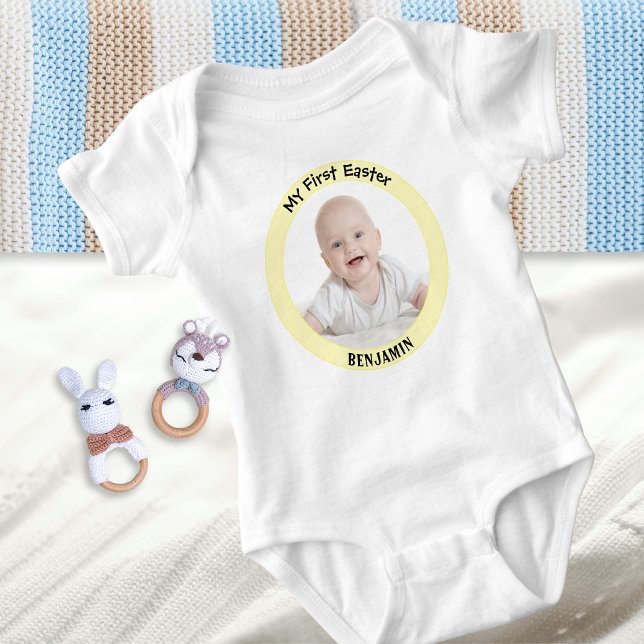 My First Easter Personalized Photo Adorable Spring Baby Bodysuit (A baby bodysuit with custom photo and baby's name, with 'My First Easter' words)