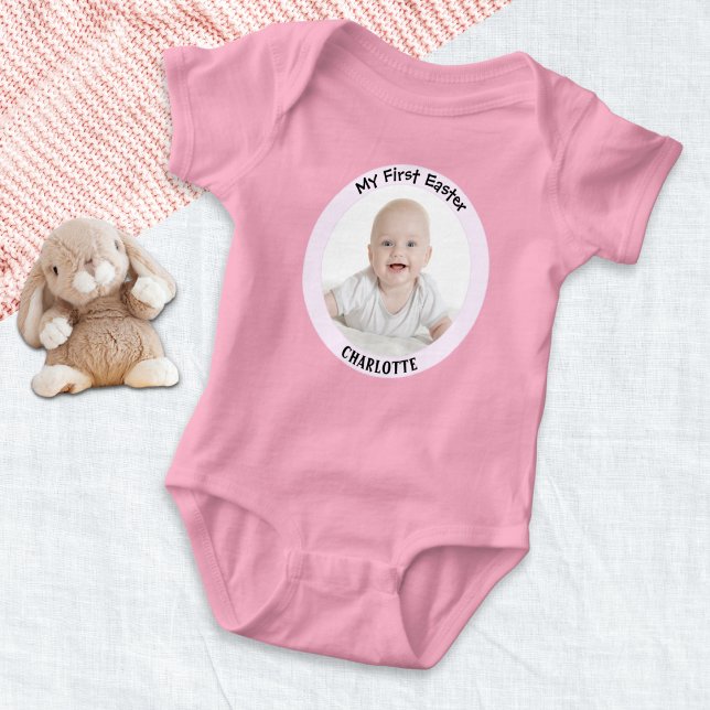 My First Easter Photo Pretty Cute Pink Baby Bodysuit (A cute bodysuit for baby's first Easter, with custom photo in a pink 'frame' and baby's name)