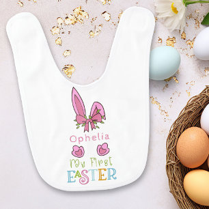 My First Easter Pink Bunny Ears and Bow Girl Baby Bib