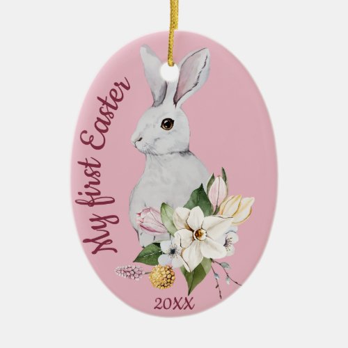 My First Easter Pink Cute Watercolor Easter Bunny Ceramic Ornament