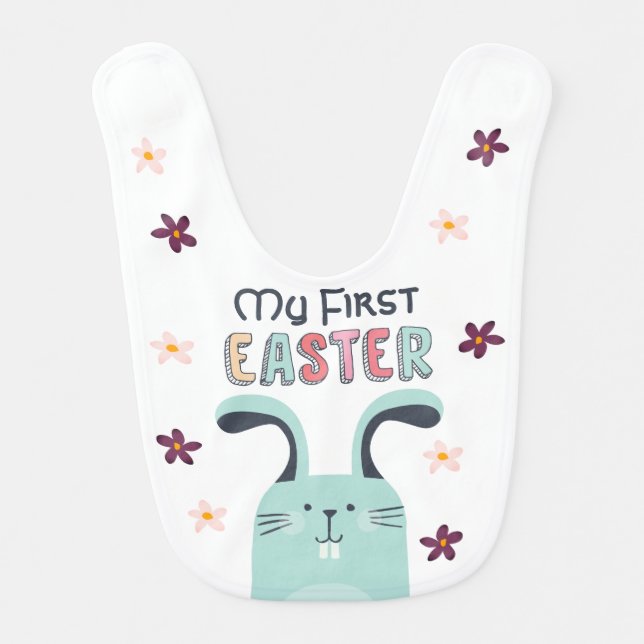 My first Easter with blue bunny and flowers Baby Bib (Front)
