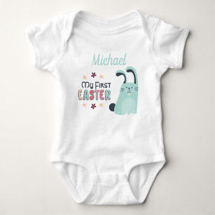My first Easter with blue cartoon bunny and name Baby Bodysuit