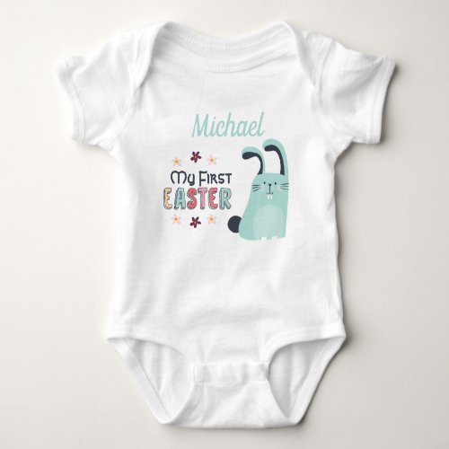 My first Easter with blue cartoon bunny and name Baby Bodysuit