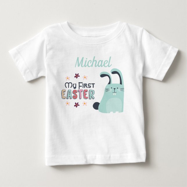 My first Easter with blue cartoon bunny and name Baby T-Shirt (Front)