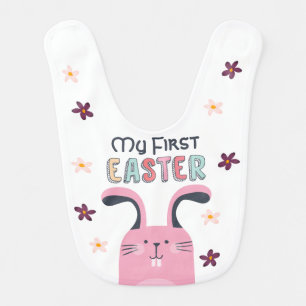 My first Easter with pink bunny and flowers Baby Bib