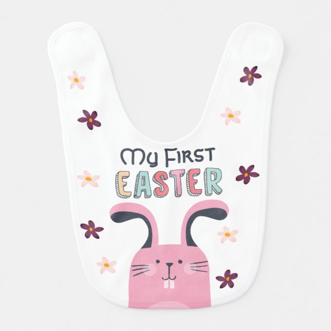 My first Easter with pink bunny and flowers Baby Bib (Front)