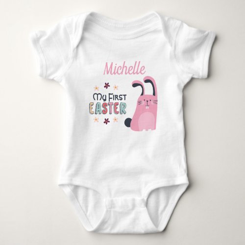 My first Easter with pink cartoon bunny and name Baby Bodysuit