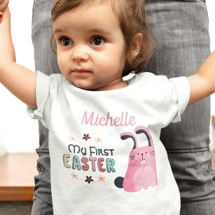 My first Easter with pink cartoon bunny and name Baby T-Shirt