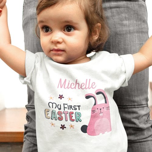 My first Easter with pink cartoon bunny and name Baby T_Shirt