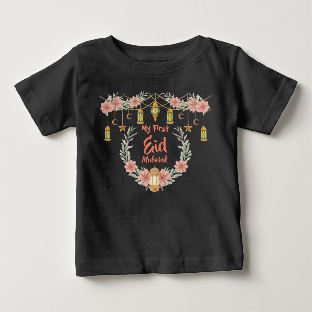 My First Eid Mubarak Cute Flowers Lamp Moon Stars  Baby T-Shirt (Front)