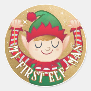 My First Elf-Mas Santa's Elf Green n Red Classic Round Sticker