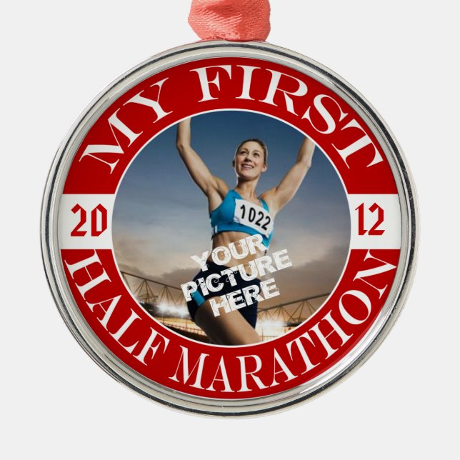 My First Half Marathon - Customizable Photo & Year Metal Ornament (Front)
