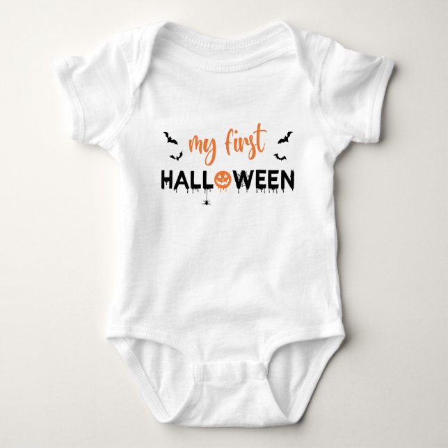 My First Halloween Black Orange Spooky Typography Baby Bodysuit (Front)