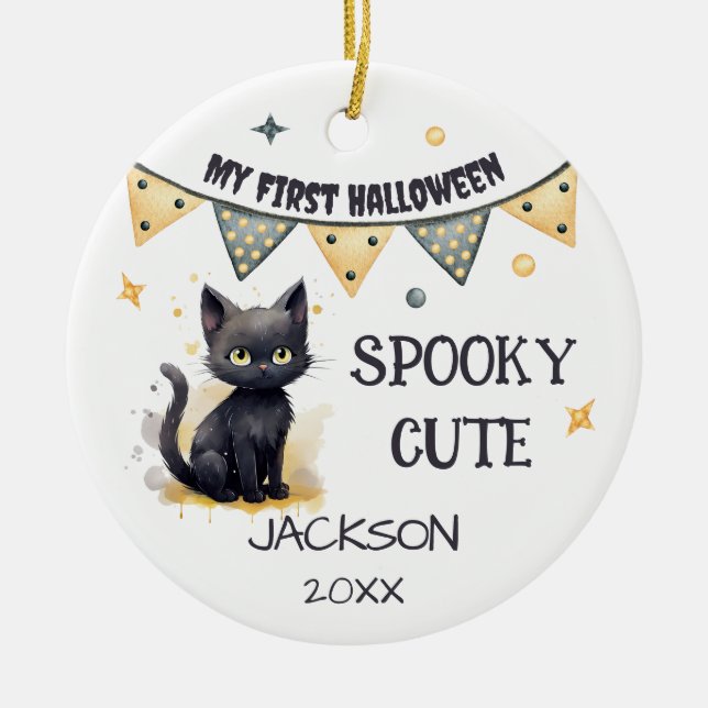 My First Halloween - Cute Black Cat Customizable Ceramic Ornament (Front)