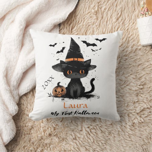 My First Halloween Cute Cat Bats Pumpkin Baby Name Throw Pillow