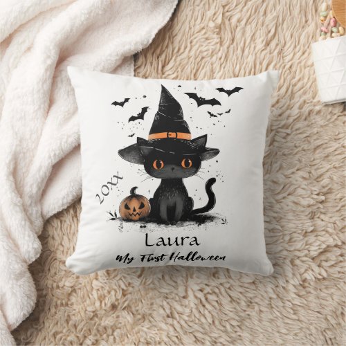 My First Halloween Cute Cat Bats Pumpkin Baby Name Throw Pillow