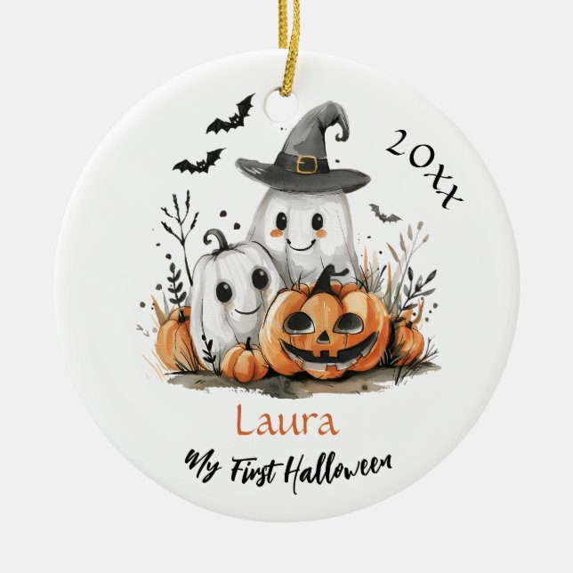 My First Halloween Cute Ghost Pumpkin Baby Name Ceramic Ornament (Front)