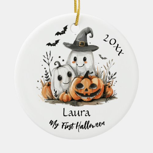 My First Halloween Cute Ghost Pumpkin Baby Name Ceramic Ornament