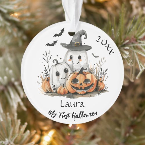 My First Halloween Cute Ghost Pumpkin Baby Name Ornament