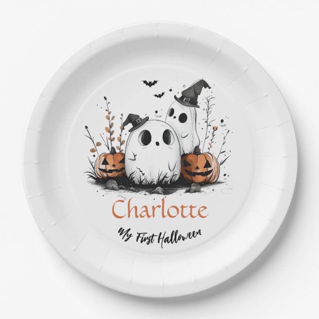 My First Halloween Cute Ghost Pumpkin Baby Name Paper Plates (Front)