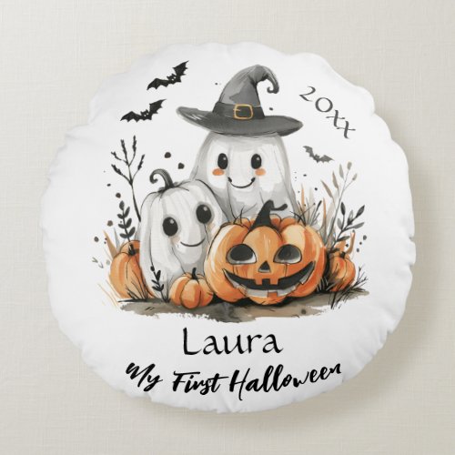 My First Halloween Cute Ghost Pumpkin Baby Name Round Pillow