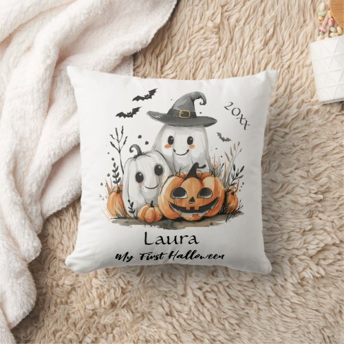 My First Halloween Cute Ghost Pumpkin Baby Name Throw Pillow