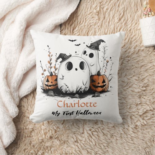 My First Halloween Cute Ghost Pumpkin Baby Name Throw Pillow