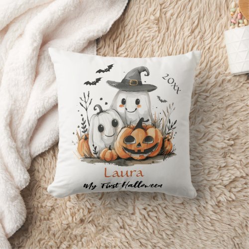 My First Halloween Cute Ghost Pumpkin Baby Name Throw Pillow