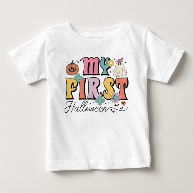 My First Halloween Cute Pumpkin Ghost Groovy Baby T-Shirt (Front)
