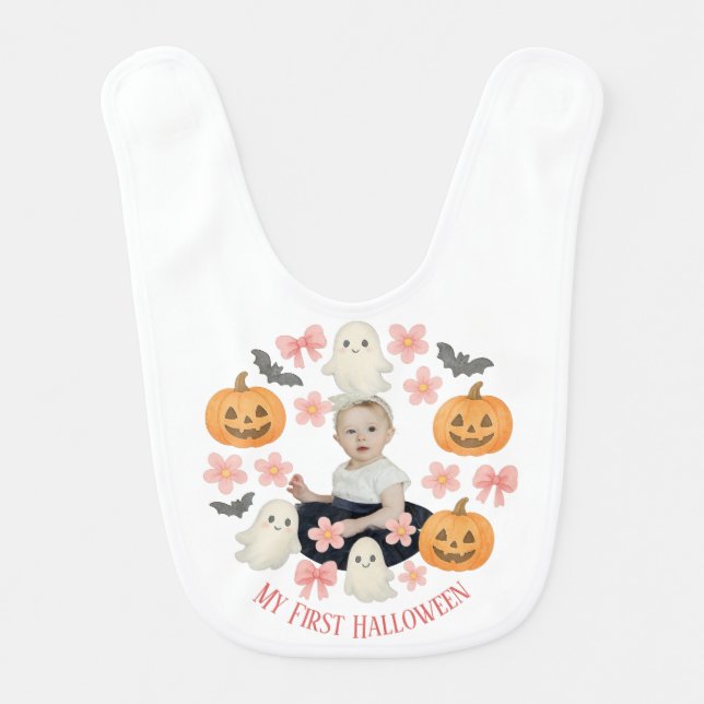 My First Halloween | Cute Pumpkin & Ghost Wreath  Baby Bib (Front)