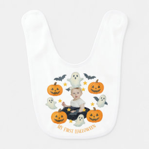 My First Halloween Cute Pumpkin & Ghost Wreath Baby Bib