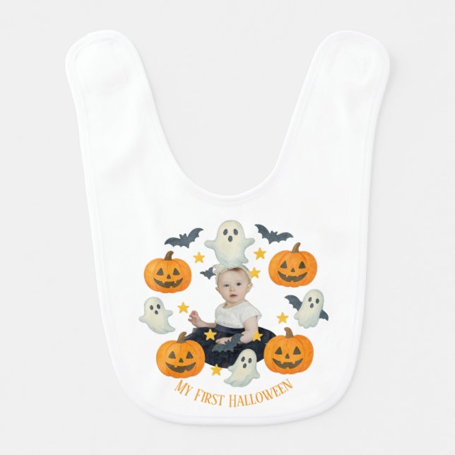 My First Halloween | Cute Pumpkin & Ghost Wreath  Baby Bib (Front)