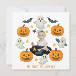 My First Halloween Cute Pumpkin & Ghost Wreath Holiday Card