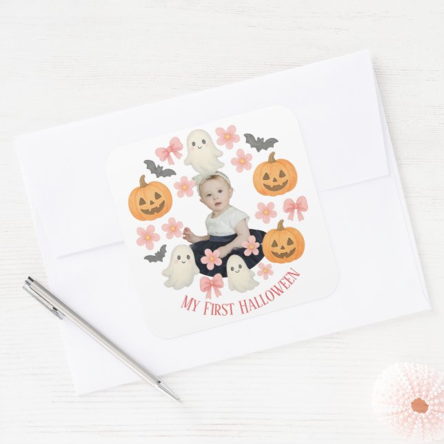 My First Halloween | Cute Pumpkin & Ghost Wreath  Square Sticker (Envelope)