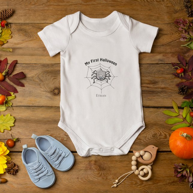 My First Halloween Cute Spider Personalized Boy Baby Bodysuit (Cute Personalized Baby Name "My First Halloween" Baby Boy Bodysuit. Hand-Drawn Cute Spider on Web.)