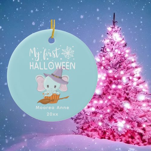 My First Halloween Cute Witch Elephant Name  Date Ceramic Ornament