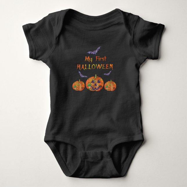 My First Halloween for Baby: Pumpkins and Bats Baby Bodysuit (Front)