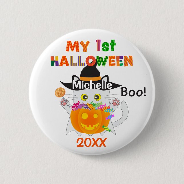 My First Halloween Ghost Cat Button (Front)