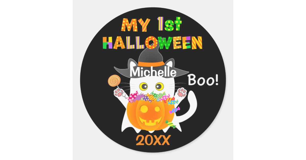 My First Halloween Ghost Cat Classic Round Sticker | Zazzle