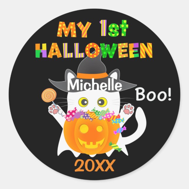 My First Halloween Ghost Cat Classic Round Sticker (Front)
