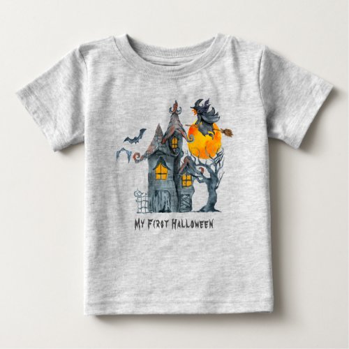 My First Halloween _ Haunted House Bat Witch Baby T_Shirt